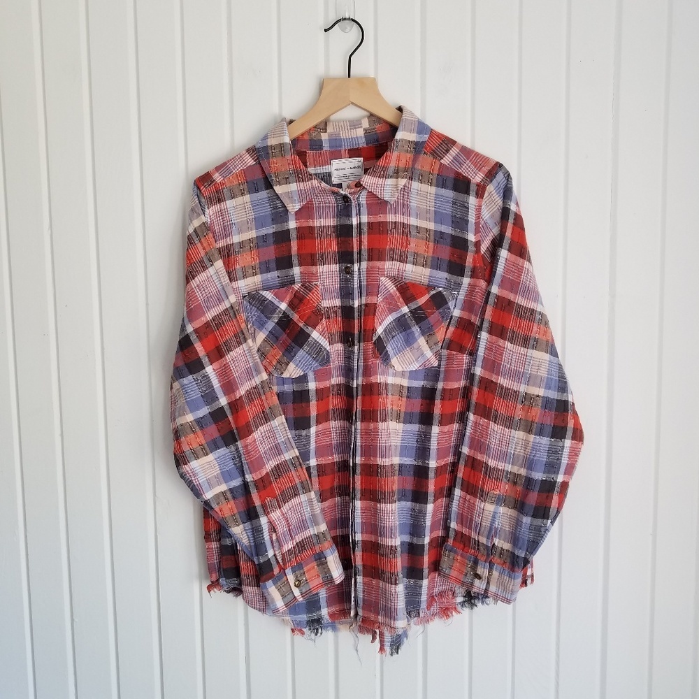 Women's 1X Raw Hem Boyfriend Plaid Layered Long Sleeve Casual Top